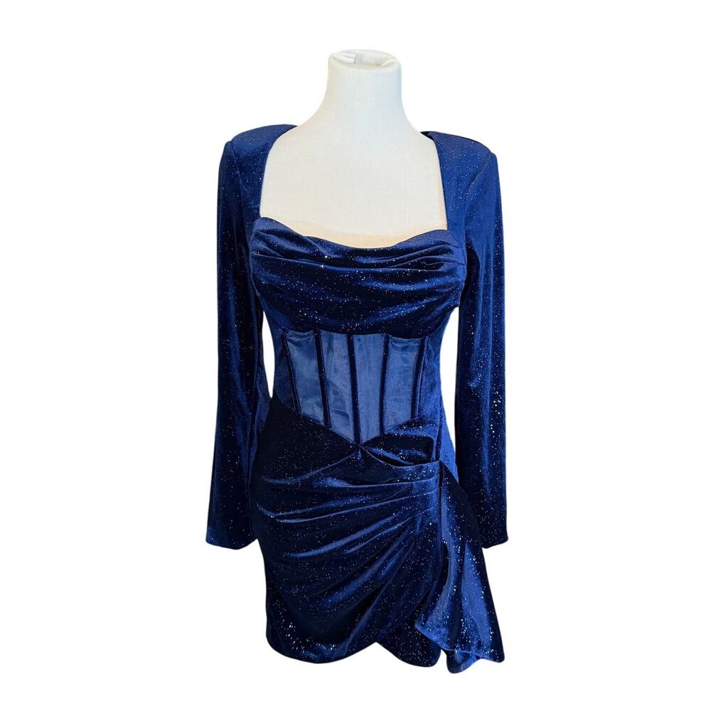 Lavish Alice Velvet Corset Glitter Wrap Mini Dress Midnight Blue US 6 NEW